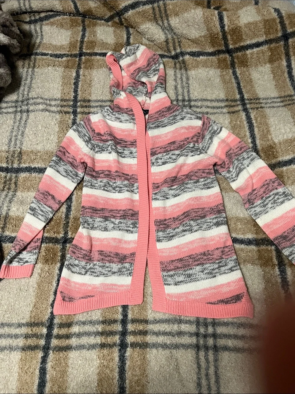Limited Too Hooded Open-Front Striped Cardigan - Pink Gray White girls